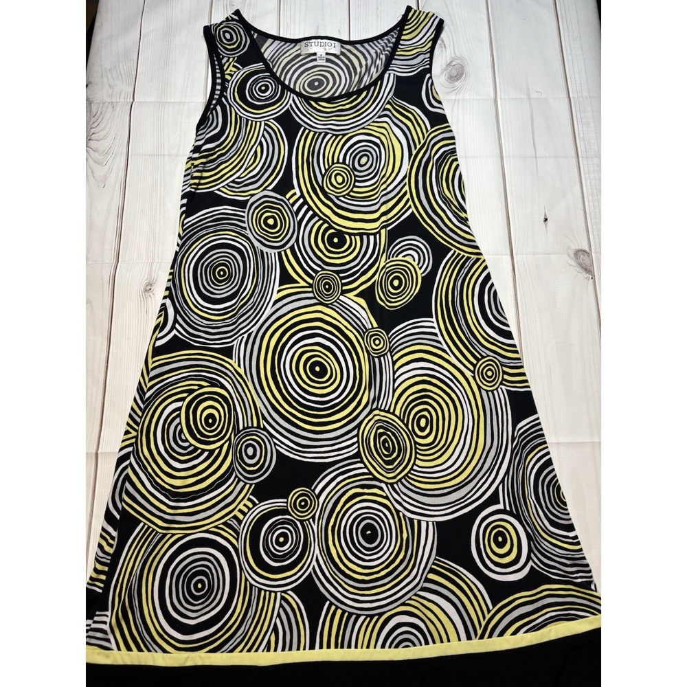 Sleeveless Studio I MIDI Dress Retro Yellow Black Circle Graphic 8